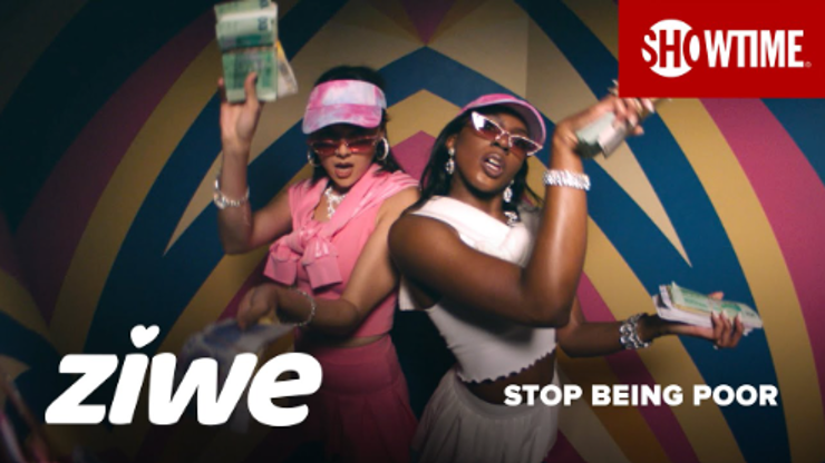 Thumbnail image of Ziwe Fumudoh's Stop Being Poor music video featuring Patti Harrison