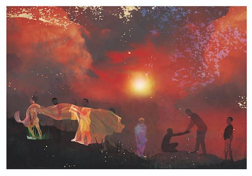 A painting of people together under a setting sun